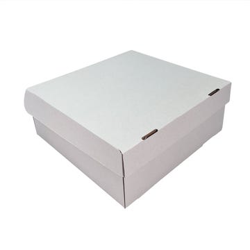 caja para bizcocho de 0.5 lb en en cartón corrugado y color blanco con tapa abierta de frente