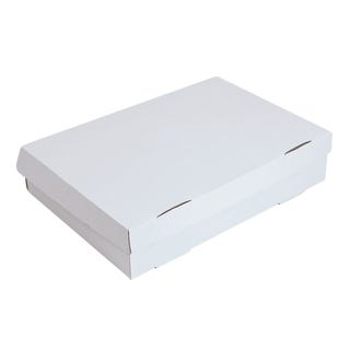 caja para bizcocho rectangular de 2 lb en en cartón corrugado y color blanco con tapa cerrada de lado