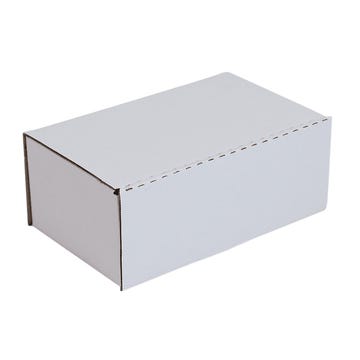 caja para ecommerce de tamaño mediano en cartón corrugado  color blanco con tapa cerrada  de frente