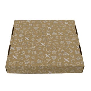 caja para bizcocho alto de 15" en cartón corrugado color kraft con impresión parcial en color blanco  con tapa cerrada de lado